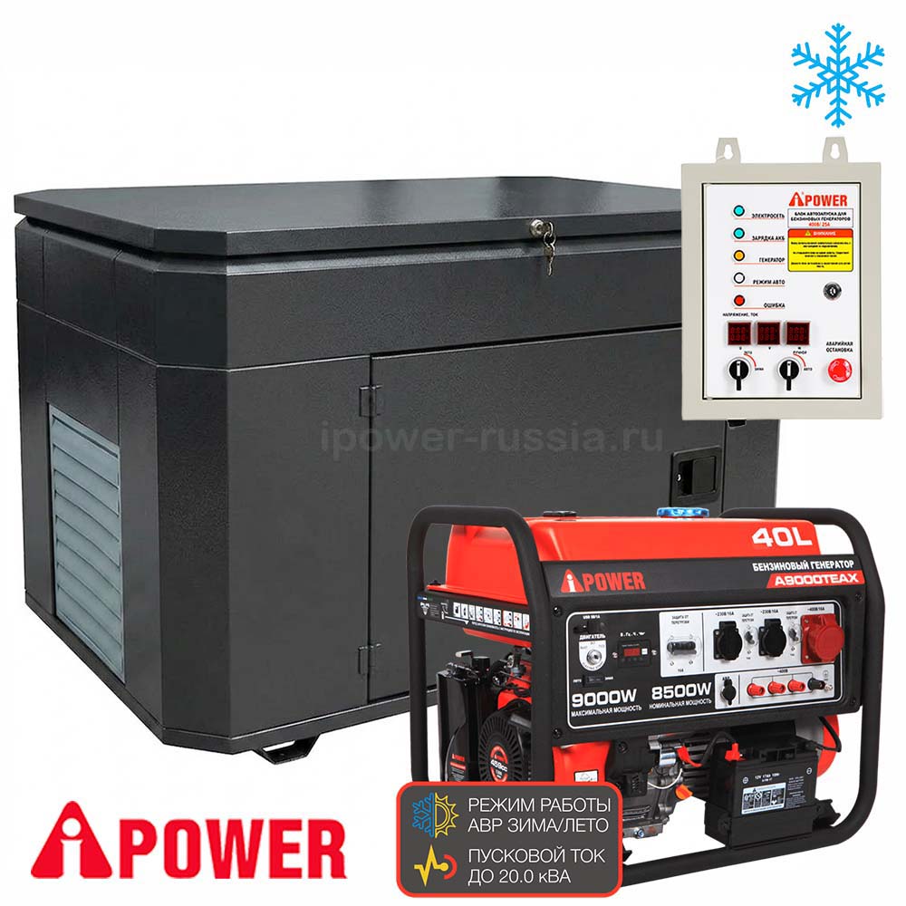 Бензиновый генератор в зимнем супер тихом кожухе с АВР A-iPower A9000TEAX/1400SSW RAL 7024